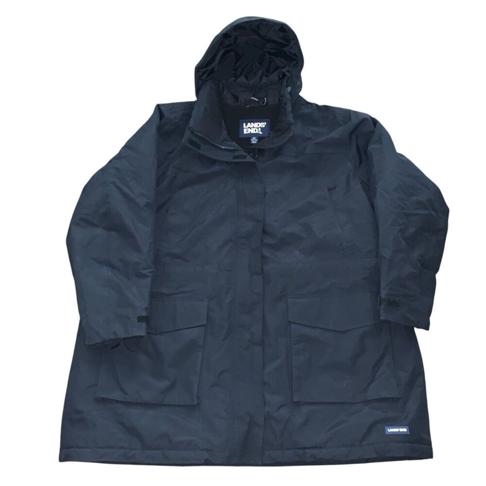 Lands’ End Women’s 2X 20W-22W Black Lined Long With Pockets Attached Hood Jacket